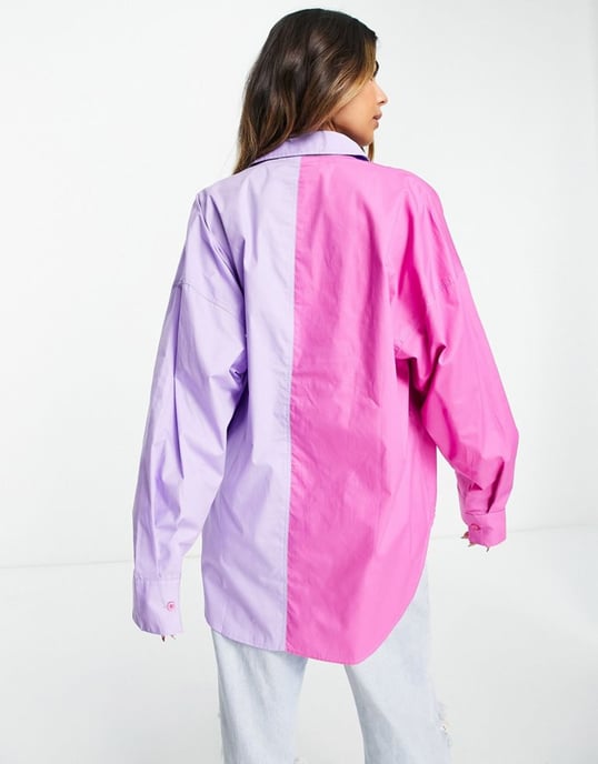 ASOS DESIGN oversized dad shirt in pink & purple colour block-Multi