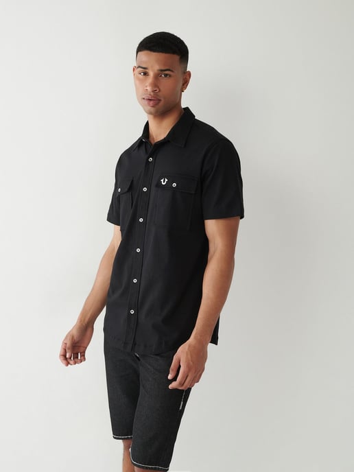 Short Sleeve Triple Needle Knit Shirt in Black