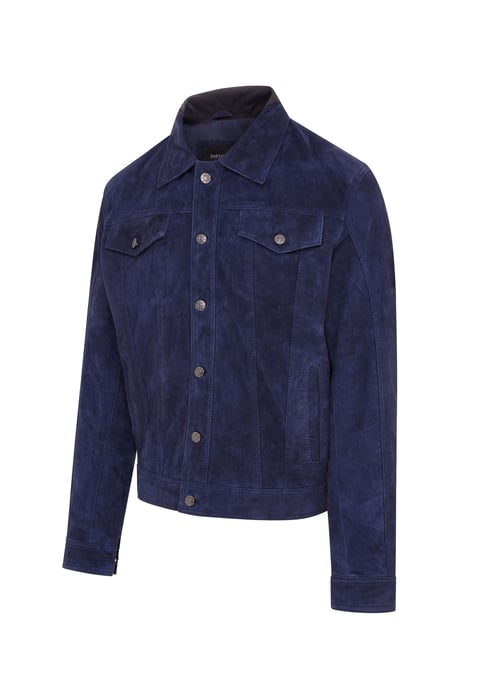 Mens Navy Blue Goat Suede Leather Jeans Jacket- Nurmes