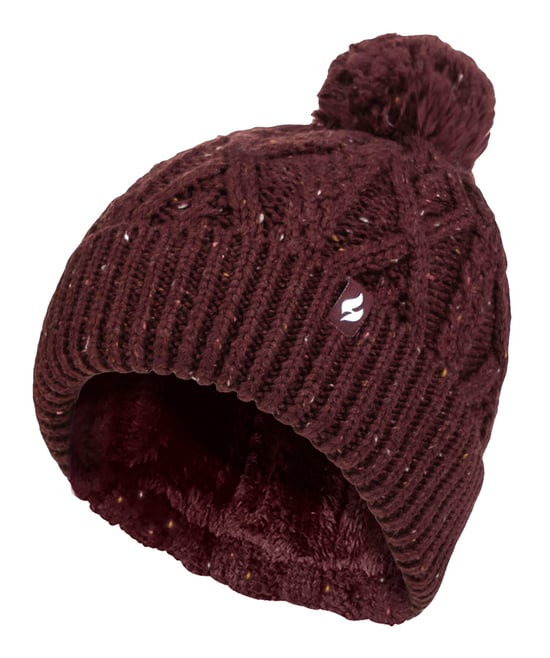 Ladies Pom Pom Bobble Hat | Heat Holders | Fashionable Chunky Warm Cable Knit Beanie with Heatweaver Fleece Lining | Salzburg Style - Wine - Image 1