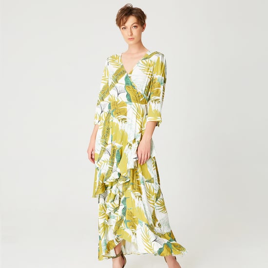 Tropical print frilled midi dress with cross bust