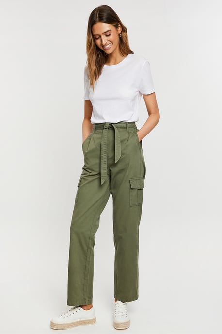 Khaki Straight Leg Cotton 'Mandy' Cargo Trousers