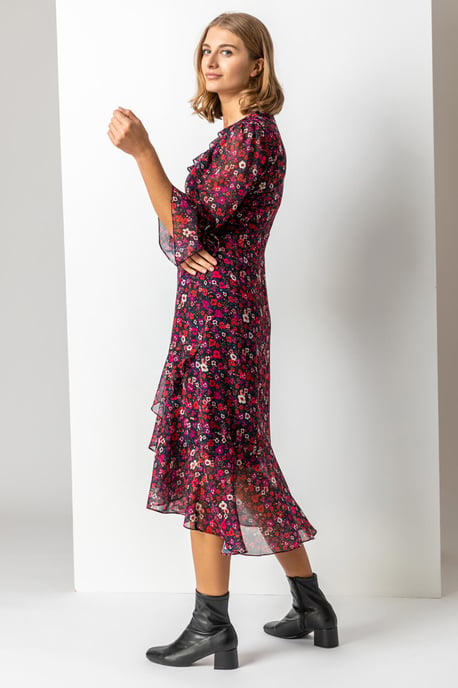 Ditsy Floral Chiffon Frill Midi Dress