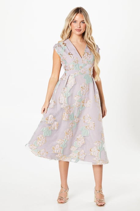 Petite Pleated Bodice Organza Jacquard Midi Dress