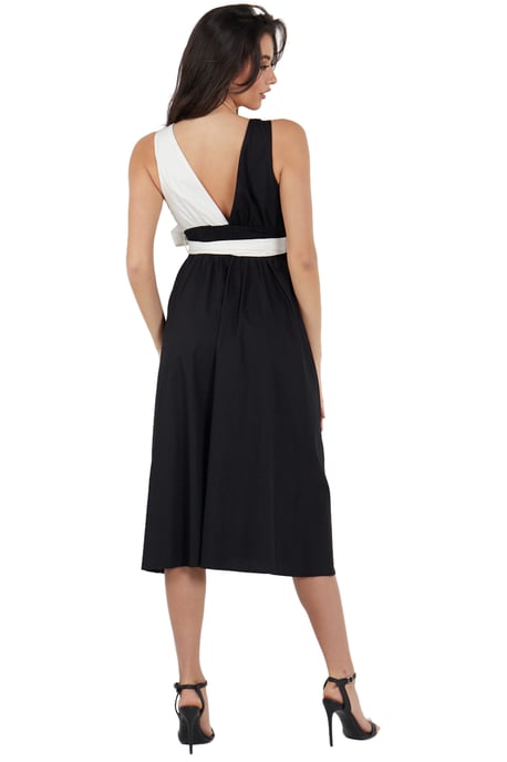 Zwart met contrast witte poplin tie taille midi jurk - Image 5