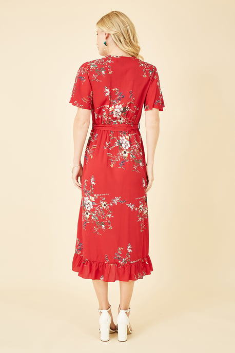 Red  Floral Dip Hem Wrap Midi Dress