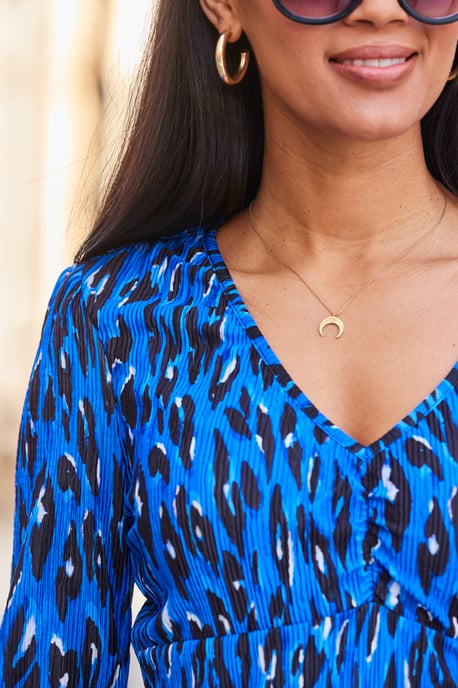 Blue & Black Leopard Print Plisse Twist Front Top