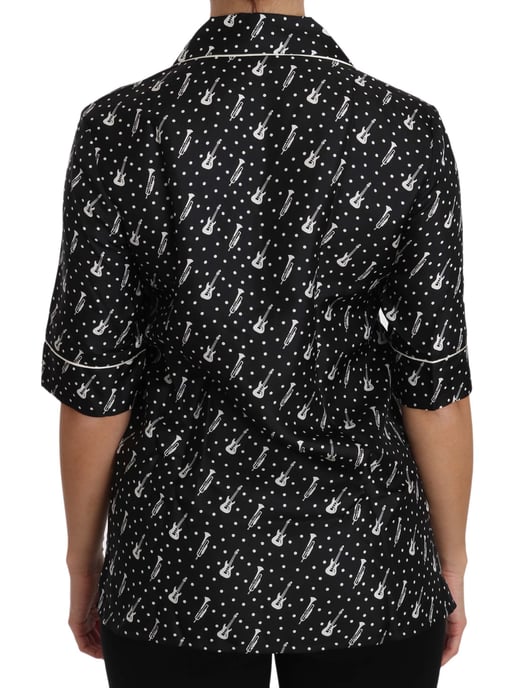 Dolce & Gabbana Dames Zwarte Gitaar & Trompet Print Zijde Blouse - Image 3