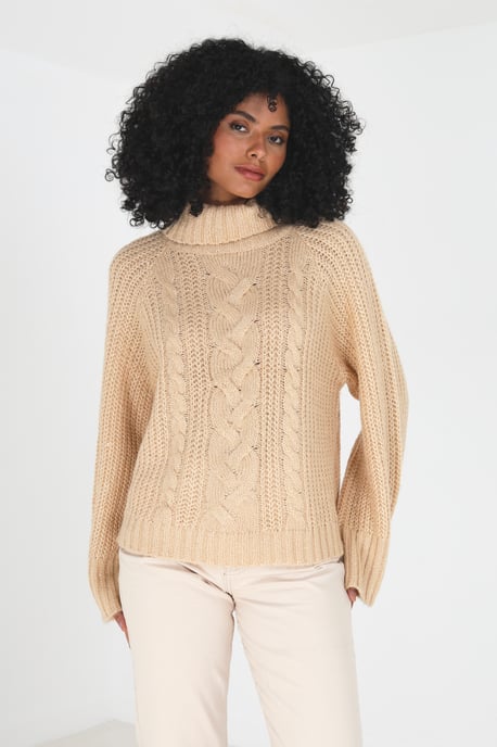 Beige 'Forest' Roll Neck Cable Knit Jumper