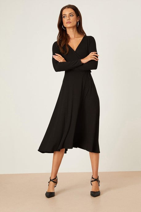 Petite Black Long Sleeve Wrap Midi Dress - Image 1