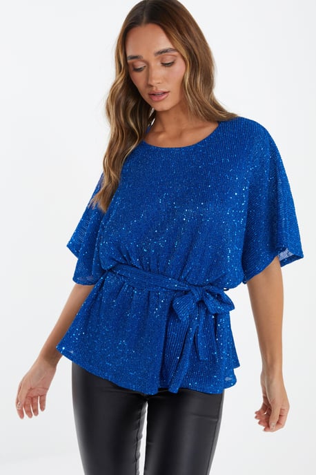 Royal Blue Sequin Batwing Peplum Top