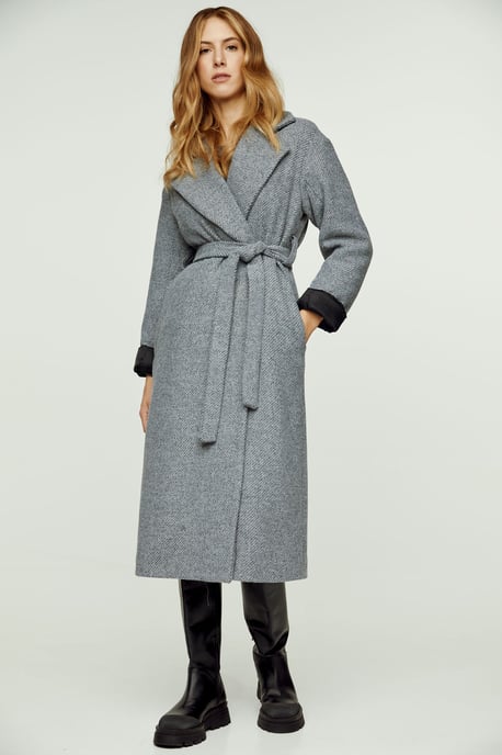 Woven Grey Melange Wool Winter Coat with Shawl Collar and Elegant Belt