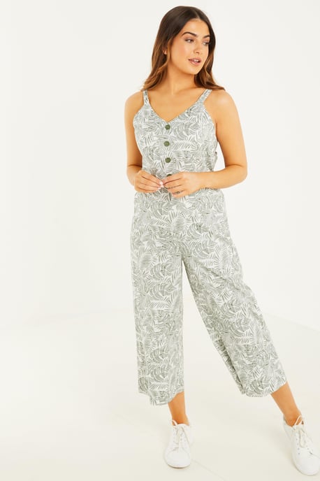 Petite Khaki Tropical Culotte Jumpsuit