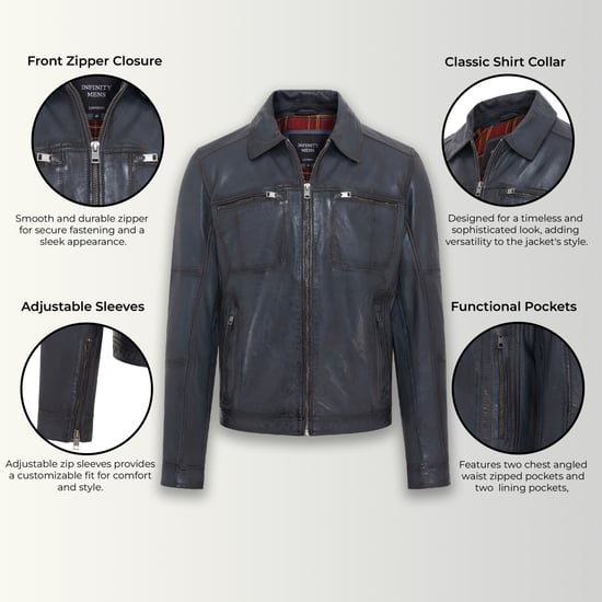 Mens Blue Classic Leather Biker Jacket - Bettles