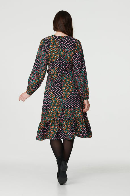 Black Patchwork Print Ruffled Wrap Dress