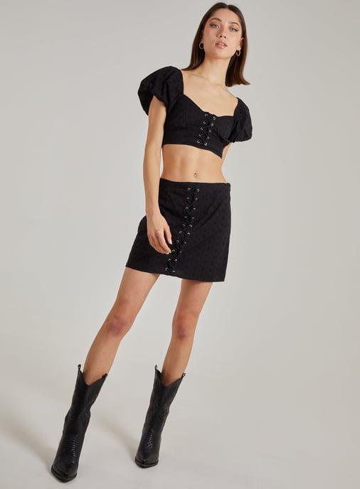 Lace Up Corset Puff Sleeve Crop Top
