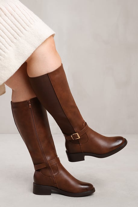Wheres That From Womens 'Bode' Stretch Wide Calf Knee High Boots With Buckle Detail
