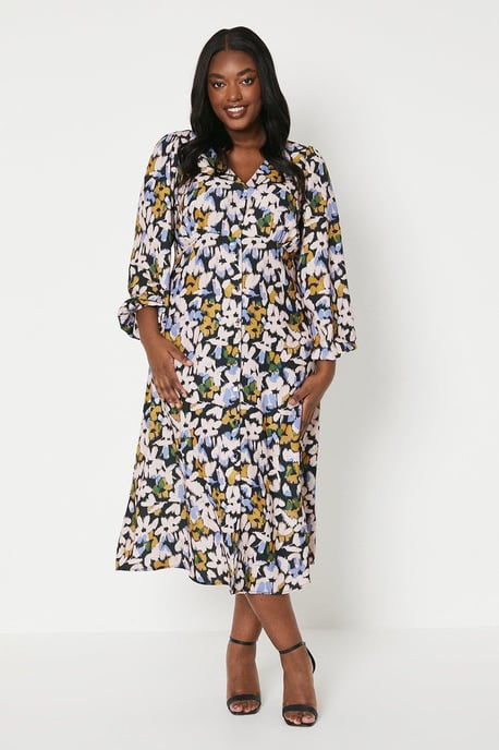 Curve Blurred Floral Button Front Midi Dress