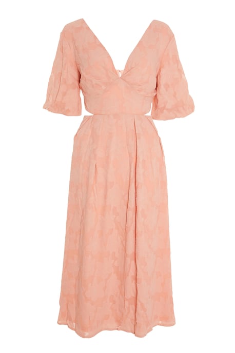 Peach Jacquard Puff Sleeve Midi Dress