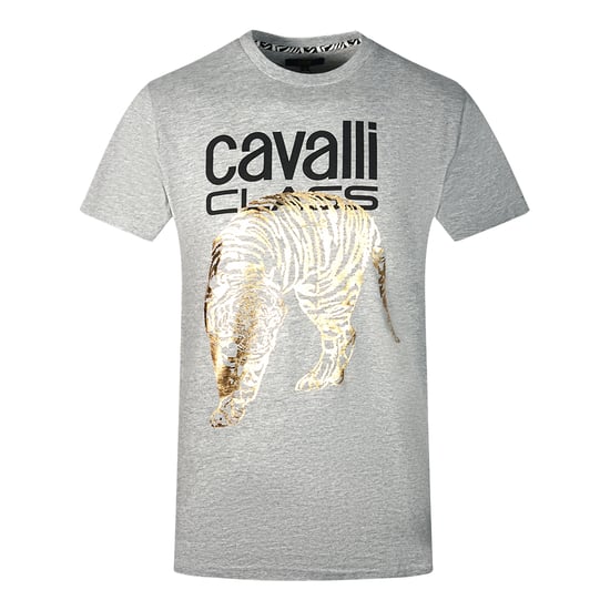 Cavalli Class Grote Gouden Tijger Sjabloon Logo Grijze T-Shirt - Image 1