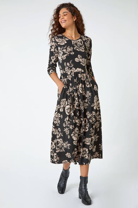 Floral Pocket Stretch Midi Dress