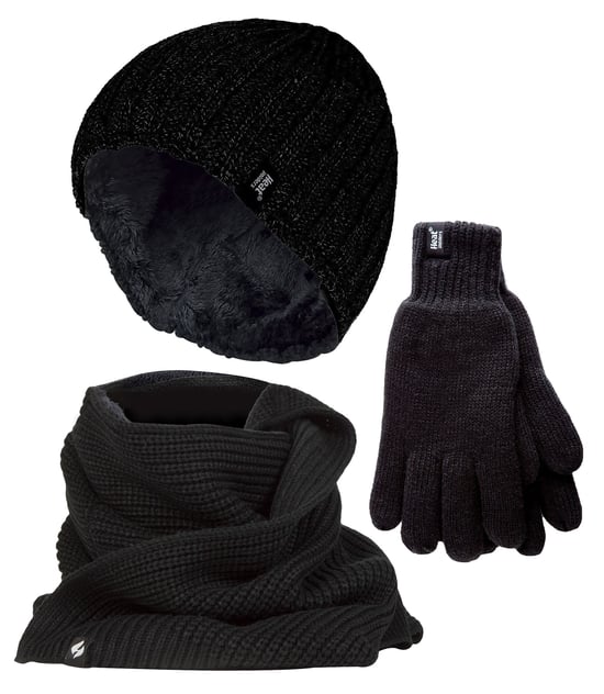 Heren Gehaakte Muts Sjaal Handschoenen Set | Heat Holders | Luxe Zachte Fleece Gevoerde Winterset voor Koud Weer - Zwart - Image 1