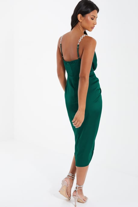 Green Satin Wrap Midi Dress