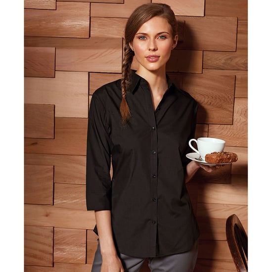 Premier Dames/Dames Popeline 3/4 Mouwen Blouse (Zwart) - Image 2