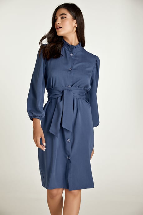 Belted Long Sleeve Indigo Dress in Tencel