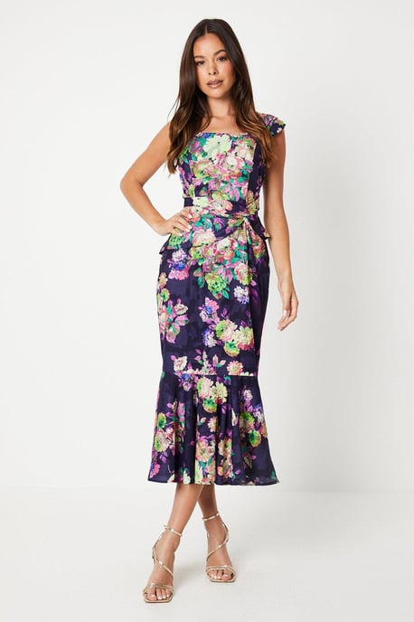 Printed Twist Detail Georgette Jacquard Midi Dress - Image 1