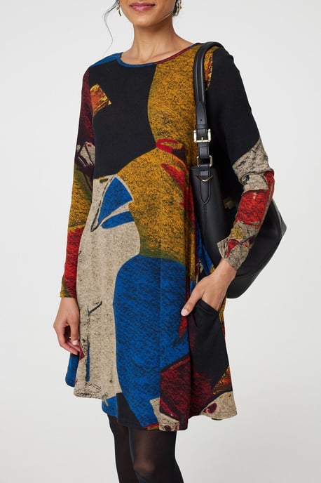 Red Abstract Print Long Sleeve Short Swing Dress