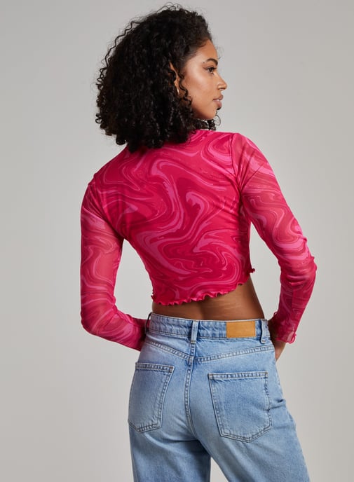 Marble Swirl Long Sleeve Mesh Crop Top