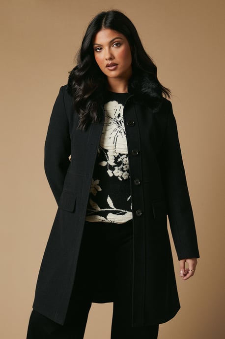 Faux Wool Button Through Dolly Coat With Fur - Image 1