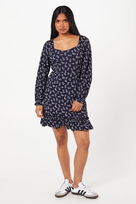 Petite Navy Ditsy Ruffle Hem Mini Dress