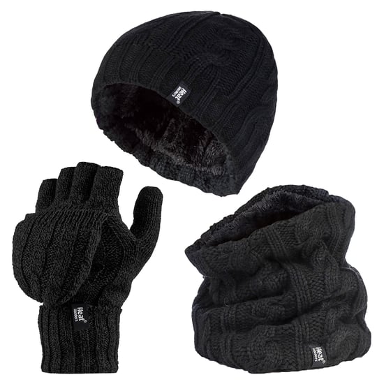 Heat Holders - Womens Thermal Winter Fleece Hat, Neck Warmer and Converter Gloves set - Black