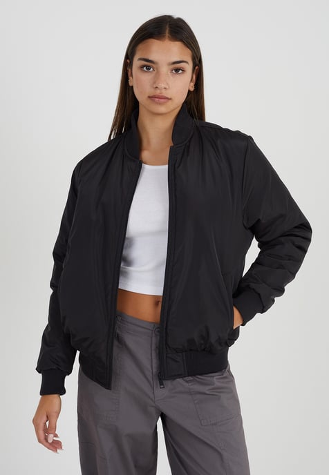 Black 'Brazil' Ruched Sleeve Oversized Bomber Jacket