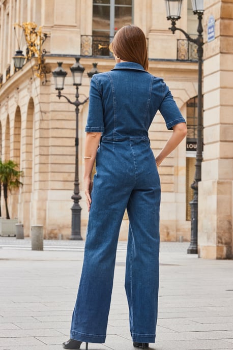 Dark Indigo Zip Front Wide Leg Denim Jumpsuit