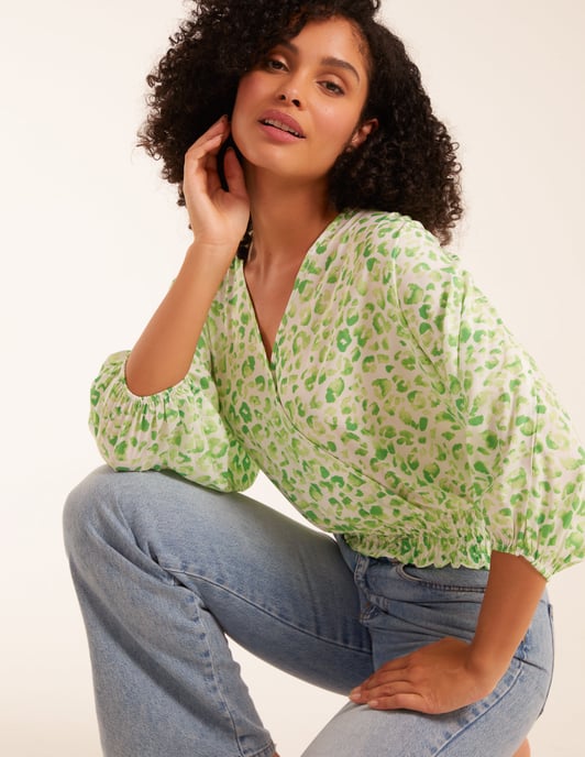 Elasticated Sleeve Wrap Front Elastic Hem Top