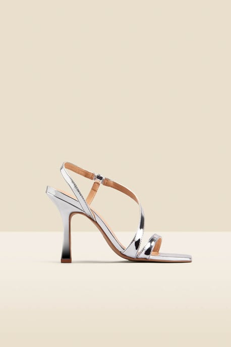 Silver Leather Square Toe Flared Heel Cross Strap Sandal