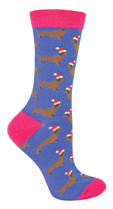 Miss Sparrow - 2 Paar Dames Kerst Sausage Dog Sokken, Sokken met Teckel Motief - Santa Dog (Denim) - Image 1