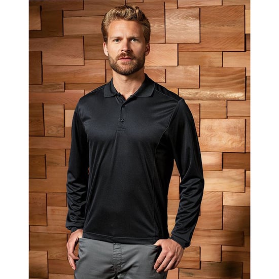 Premier Heren Lange Mouw Coolchecker Pique Polo Shirt (Zwart) - Image 3