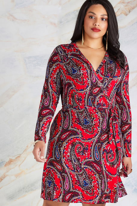 Red Plus Size Paisley Print Wrap Dress