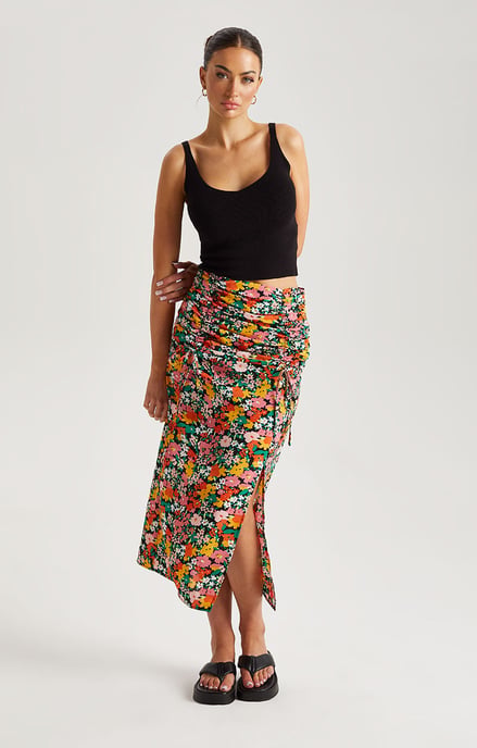 Pink Floral Ruched Midi Skirt