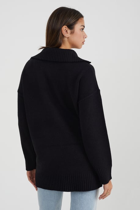 Black Oversized Zip Collar Knitted Jumper
