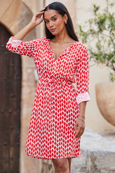 Red Geometric Print Tie Waist Dress