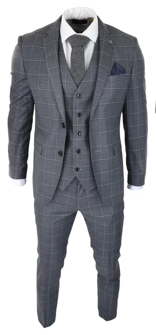 Heren Grijs Pak 3-delig Geruit Vintage Retro Slim Fit Trouwpak Klassiek - Image 2