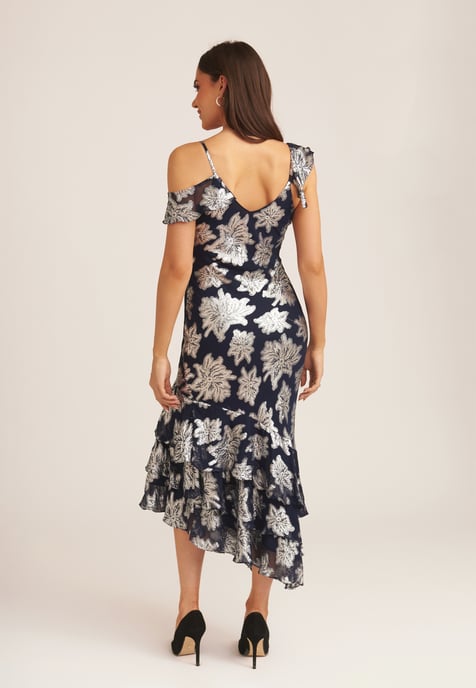 Floral Clipped Tiered Ruffle Midi Dress