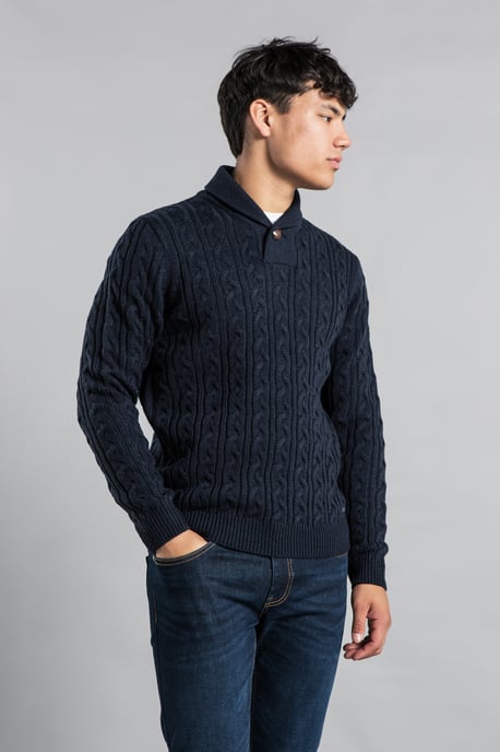 Navy Shawl Neck Cable Knit Jumper