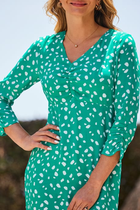 Green Fleck Print Ruched Front Fit & Flare Dress