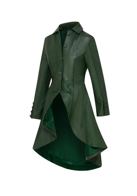 Womens Green Gothic Full Length Victorian Leather Coat - Vantaa